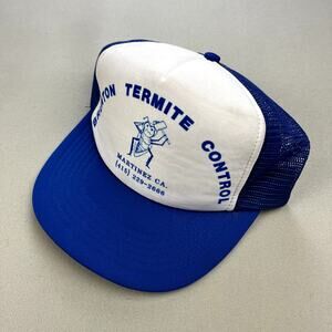 Vintage Pest Control Hat Snapback Trucker Blue Termite Bugs Insect Cartoon 90s